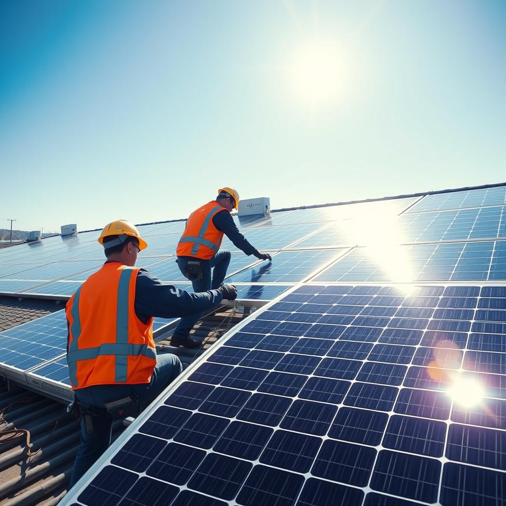 Solar installation crew mounting panels on a residential or commercial rooftop